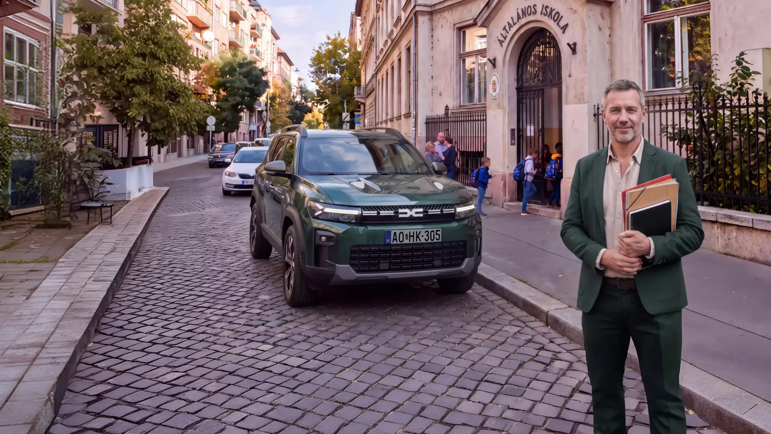 Pedagógus egy zöld Dacia mellett, egy általános iskola bejárata előtt