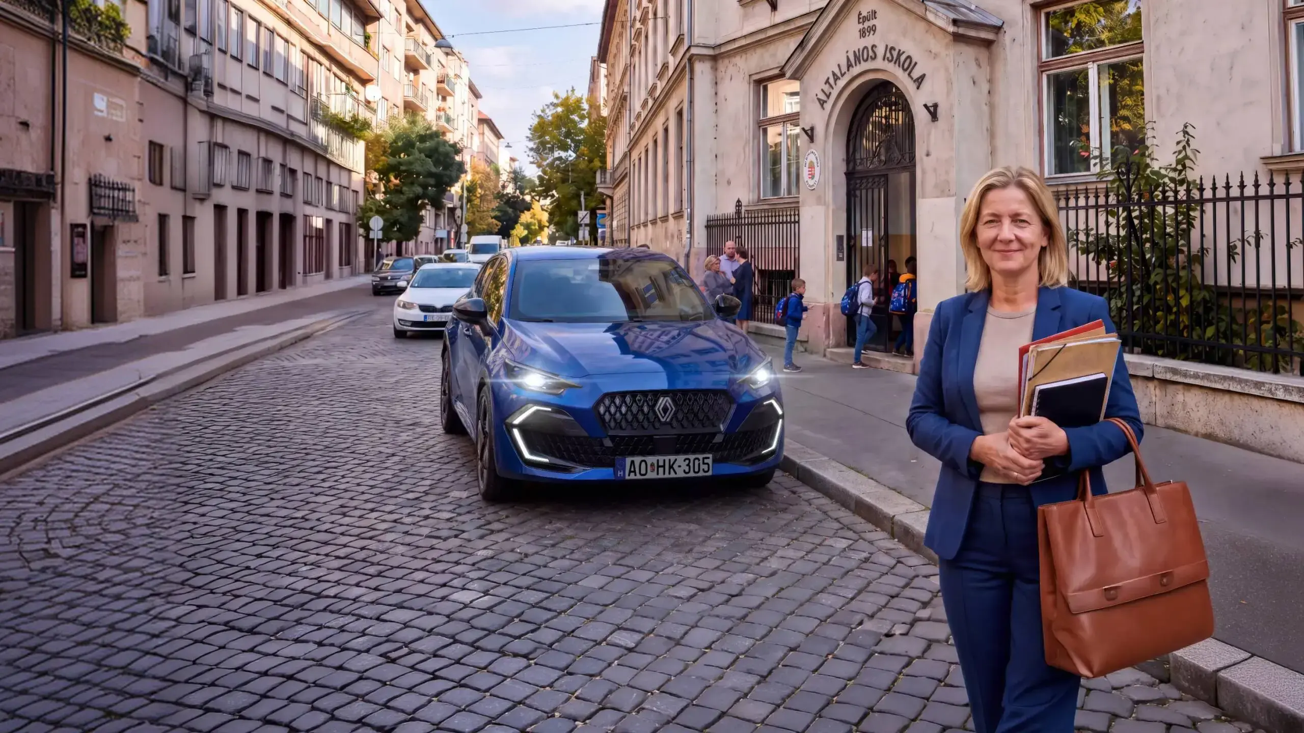 Pedagógus egy kék Renault mellett, egy általános iskola bejárata előtt